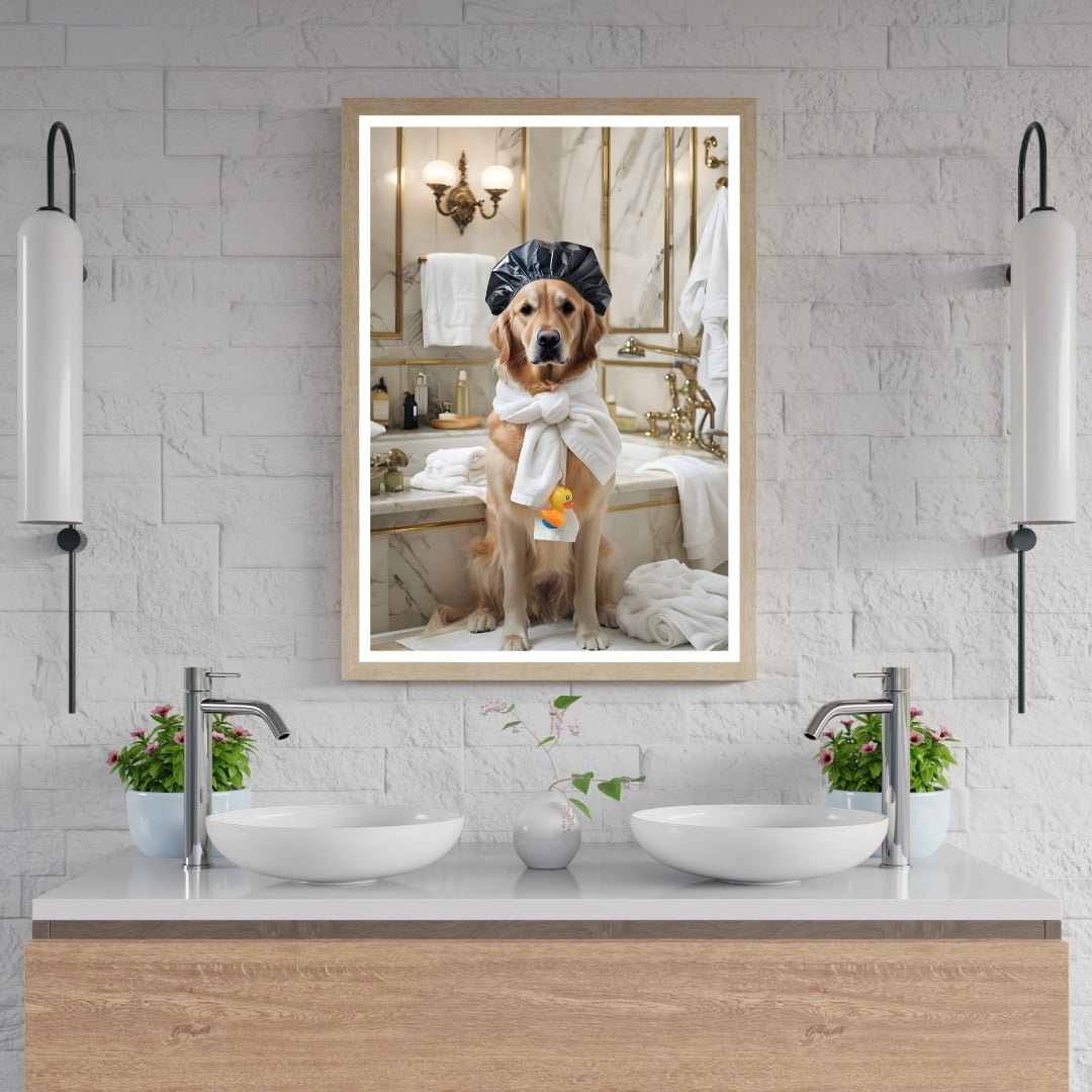 A sophisticated, high-end print of a dog in a sleek, marble-clad bathroom.