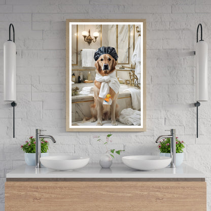 A sophisticated, high-end print of a dog in a sleek, marble-clad bathroom.