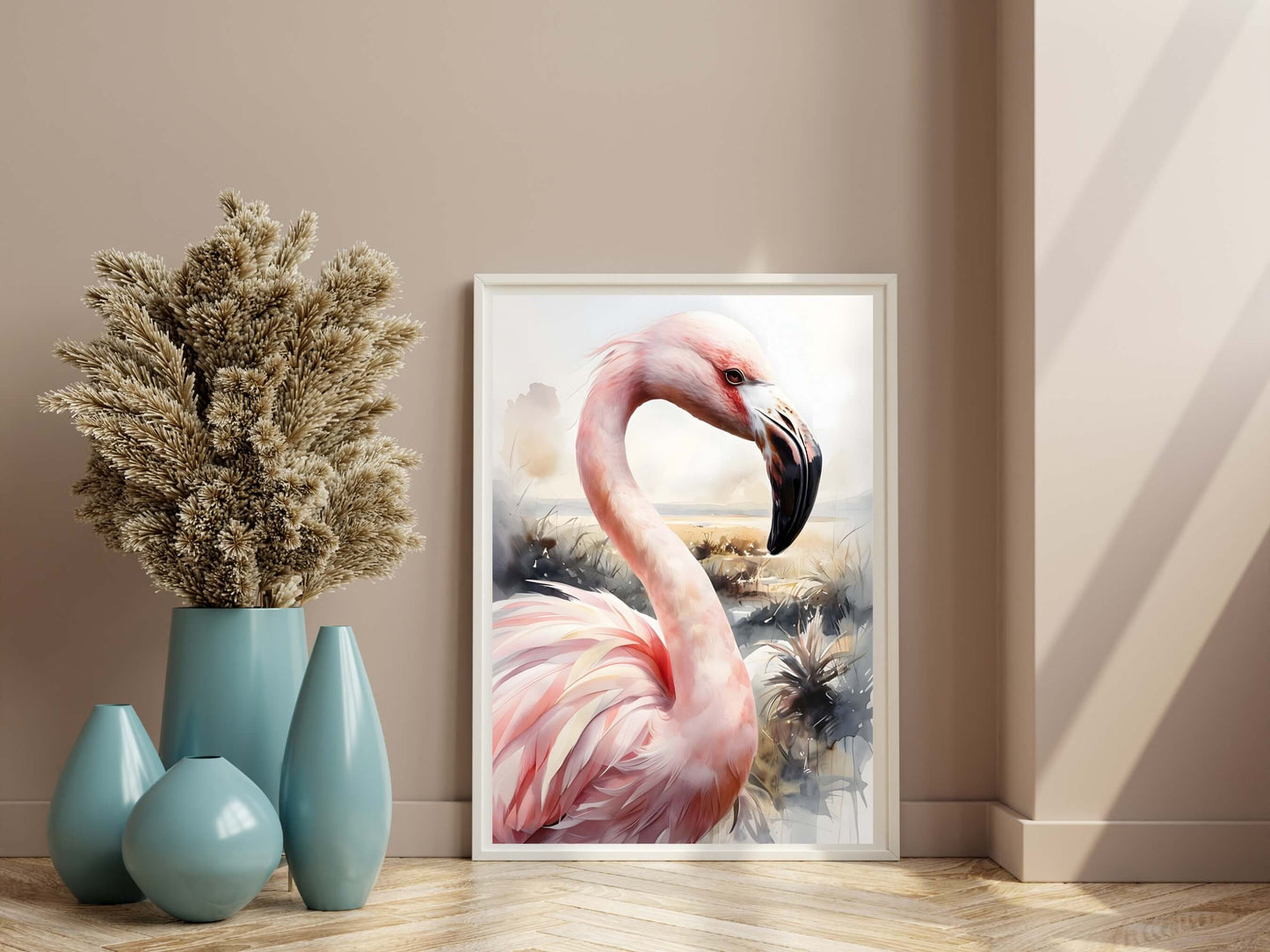 Modern digital art print featuring a beautiful flamingo in a natural, soft watercolor landscape.


