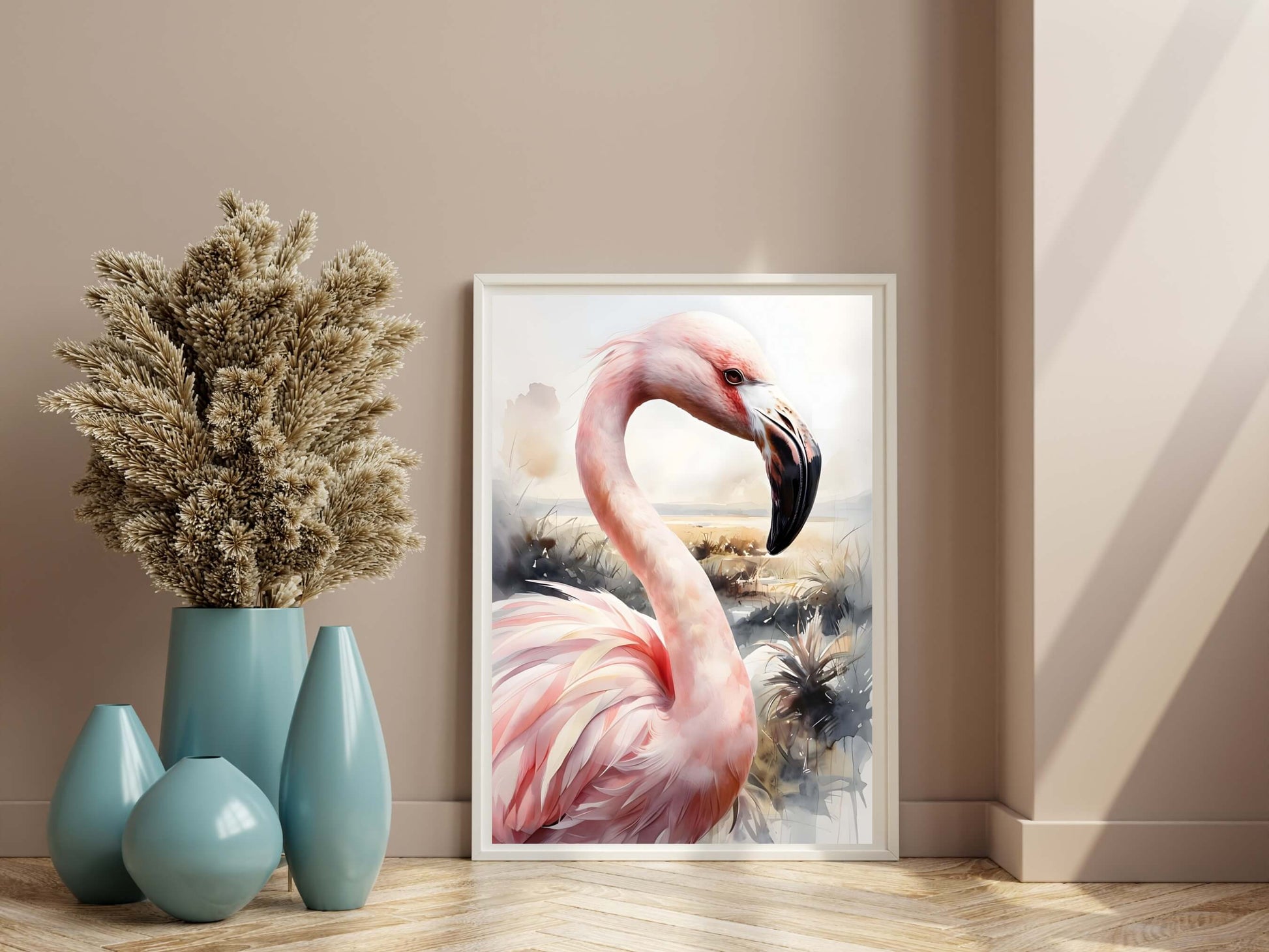 Modern digital art print featuring a beautiful flamingo in a natural, soft watercolor landscape.


