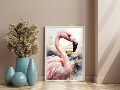 Modern digital art print featuring a beautiful flamingo in a natural, soft watercolor landscape.


