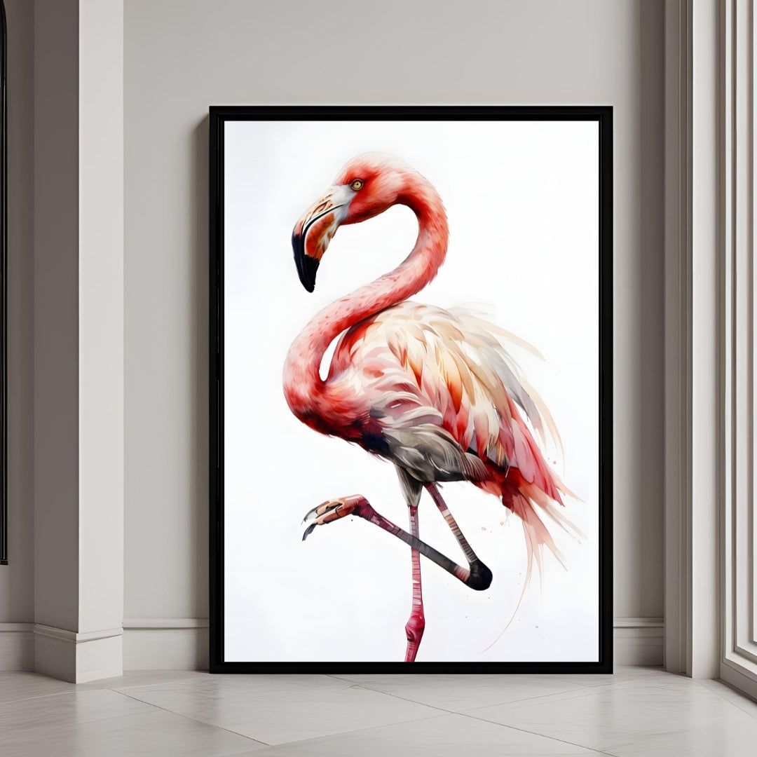 A framed print of an elegant flamingo standing on one leg, painted with soft watercolor on a white background.