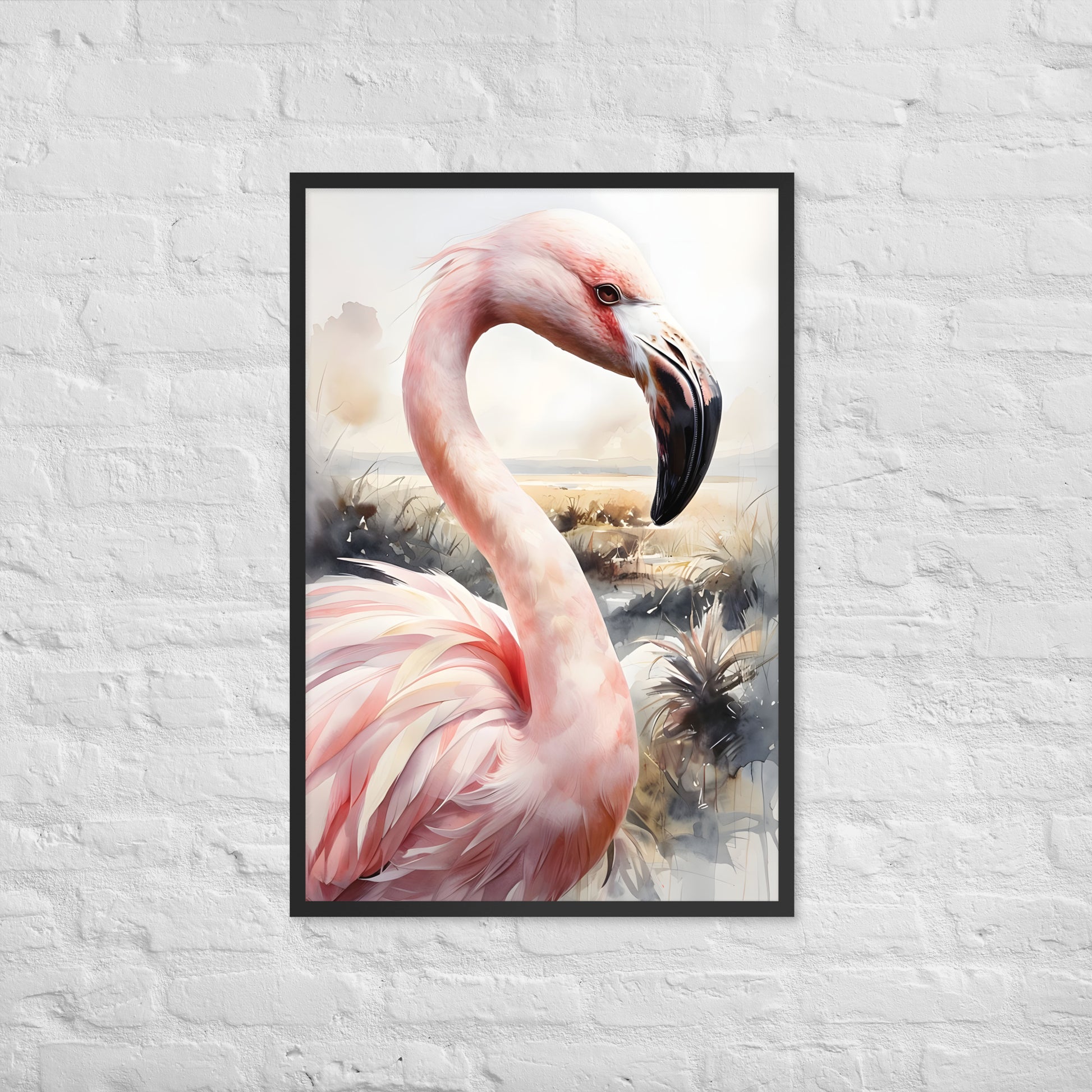 A framed print of an elegant flamingo, rendered in soft watercolor and striking pink hues.