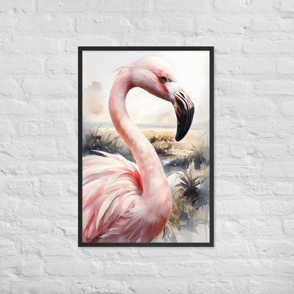 A framed print of an elegant flamingo, rendered in soft watercolor and striking pink hues.