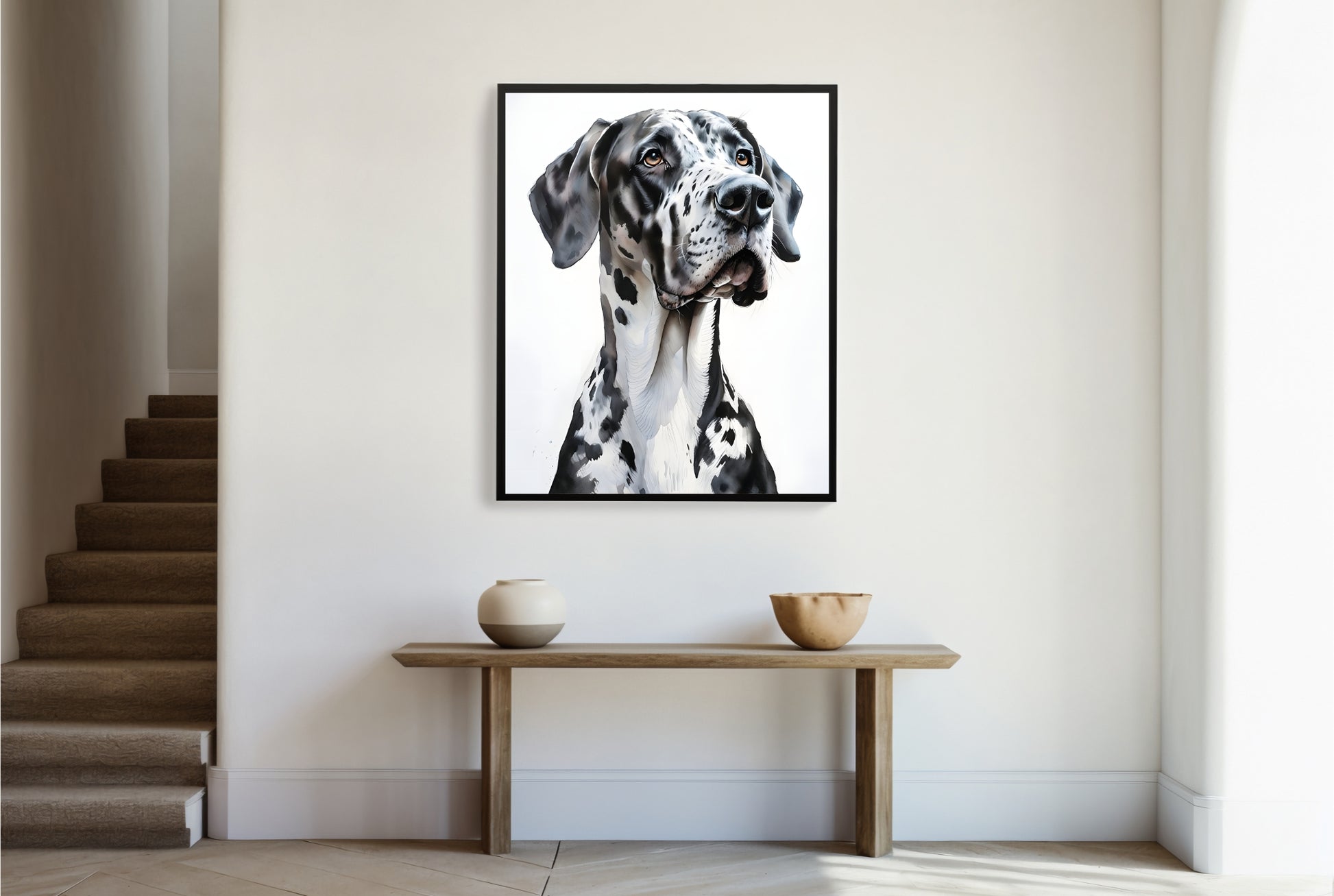 A framed portrait of a majestic Harlequin Great Dane with striking black and white patches and expressive brown eyes.
