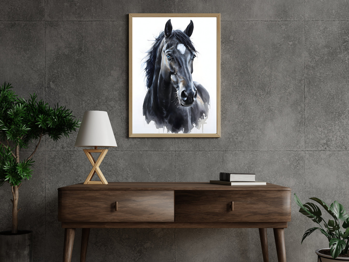 Elegant digital art of a majestic horse head, framed for decor.


