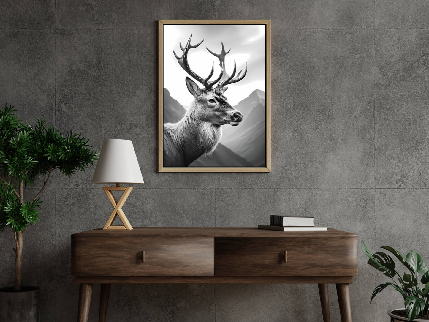 A wide shot of the framed art showcasing the stag's commanding presence and elegant style.