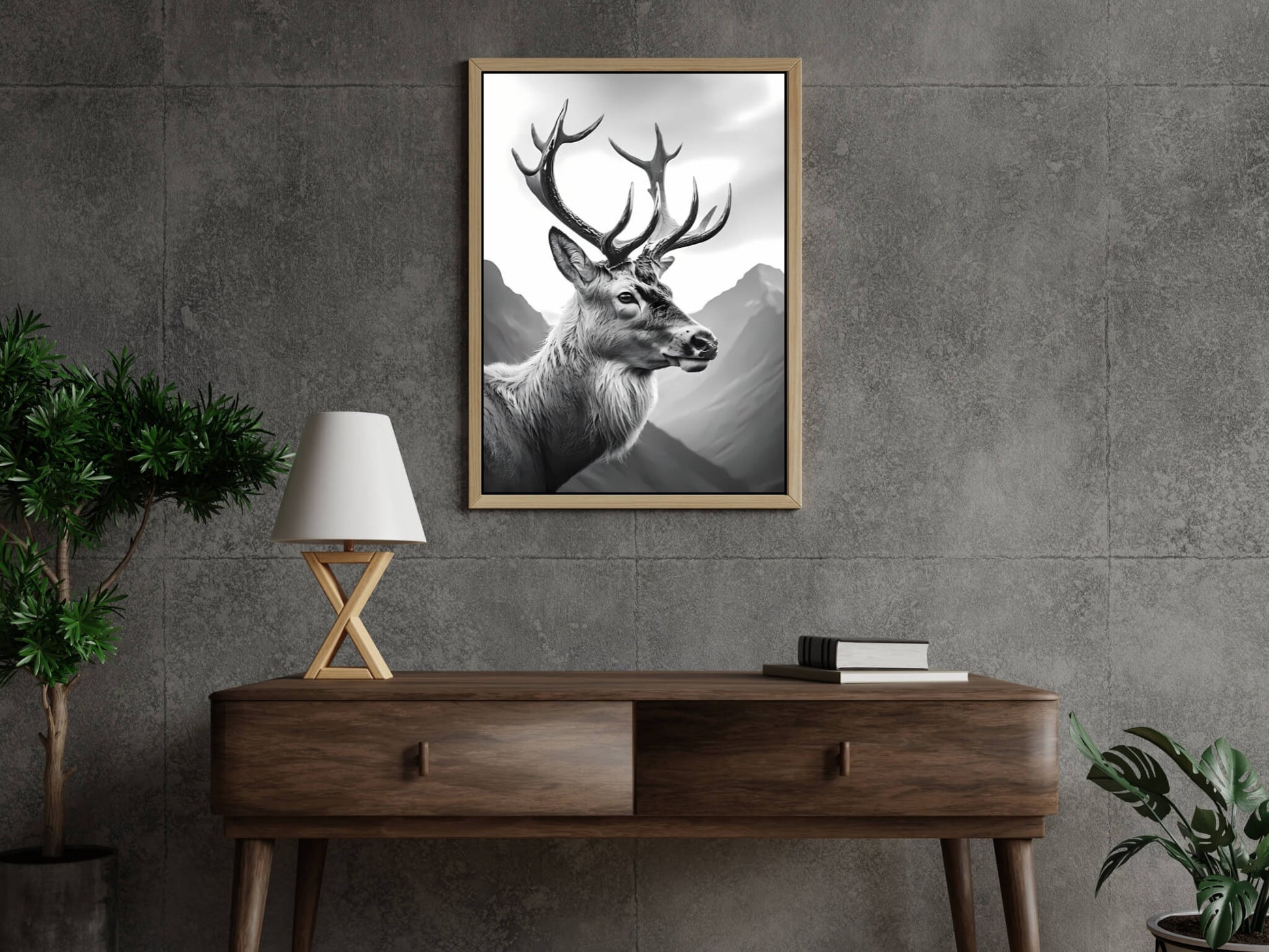 A wide shot of the framed art showcasing the stag's commanding presence and elegant style.