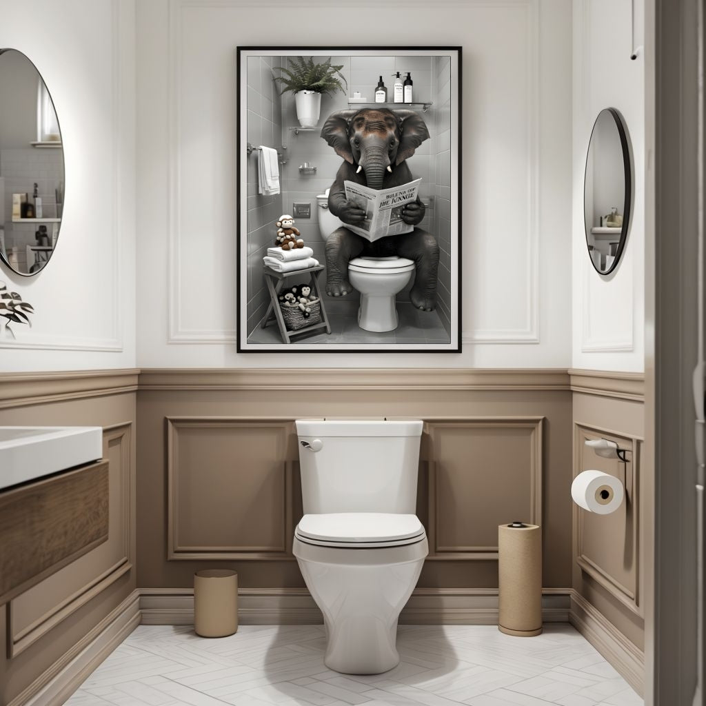Bathroom with a toilet and decorative wall art of an elephant reading a newspaper.