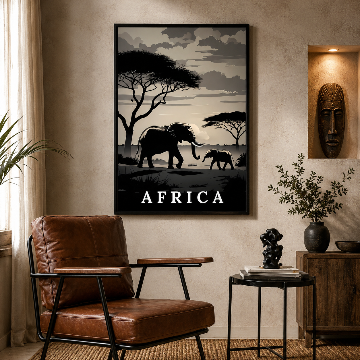 A framed vertical wall art print featuring black-and-gray silhouettes of an elephant and calf under acacia trees, with the word AFRICA at the bottom, displayed in a styled living room above a brown leather armchair.