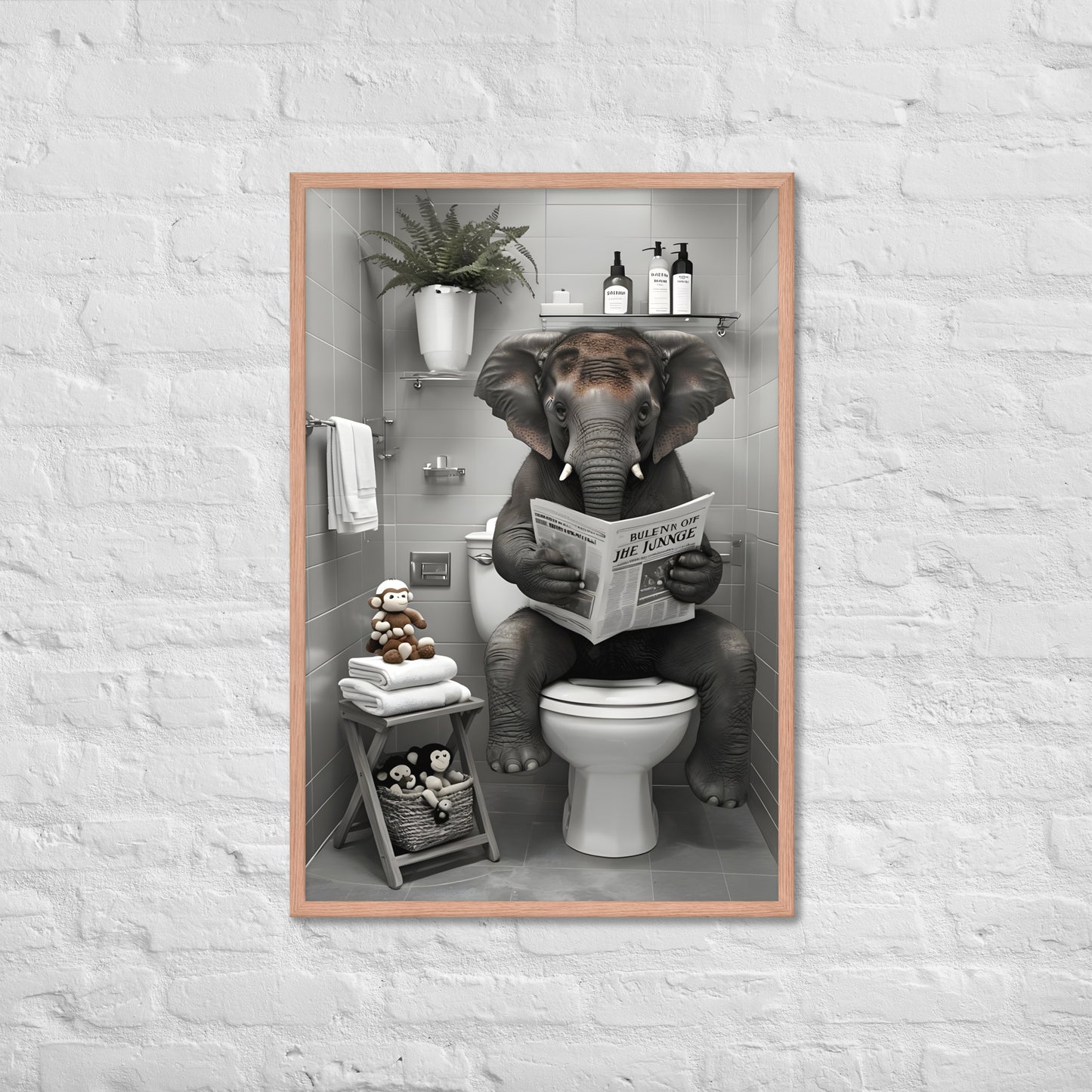 A close-up shot of the elephant in the art print, highlighting its funny and detailed expression as it reads the newspaper.
