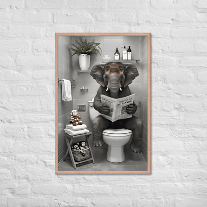 A close-up shot of the elephant in the art print, highlighting its funny and detailed expression as it reads the newspaper.