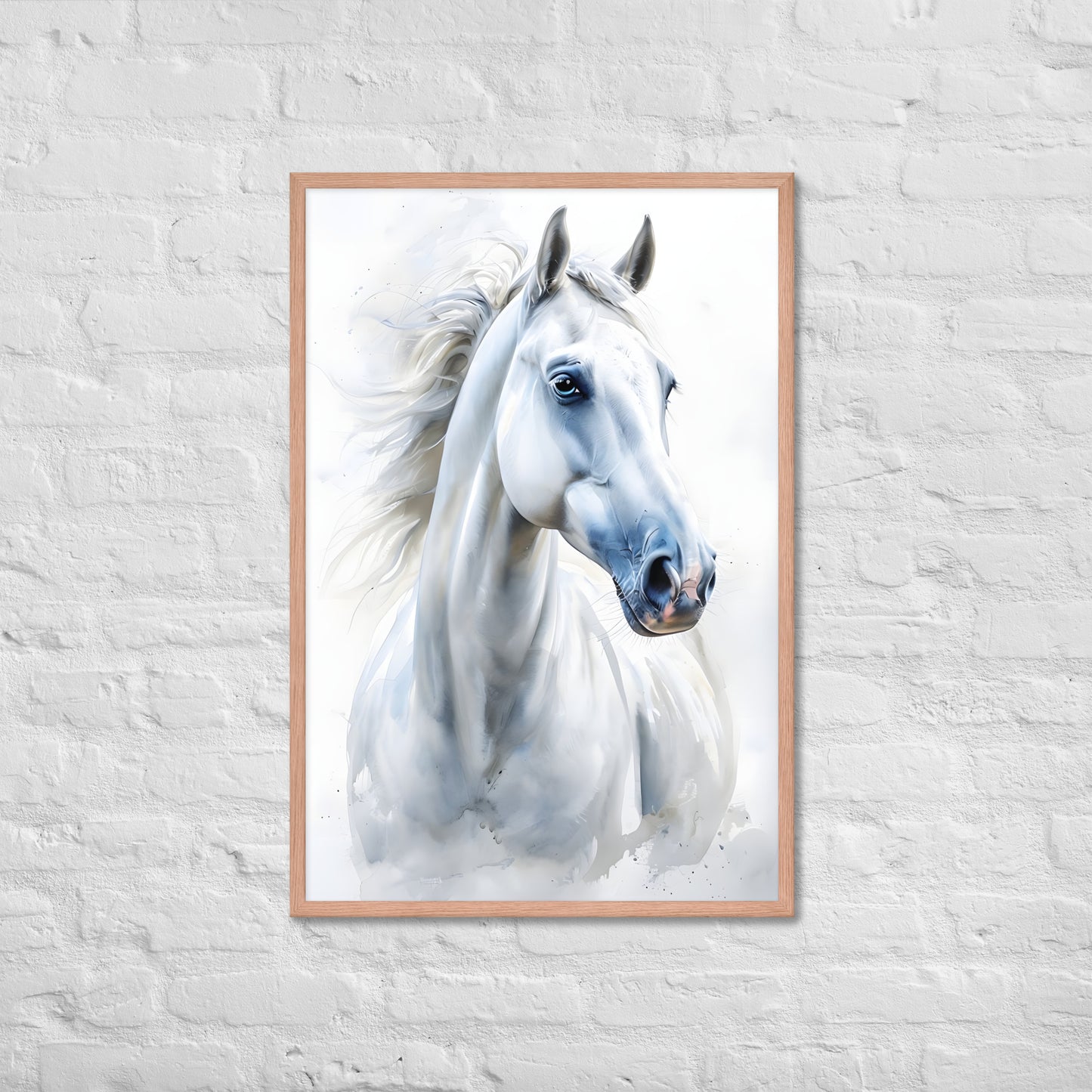 A close-up shot of the watercolor horse print, showing the fine details and graceful style, suited for equestrian art enthusiasts.

