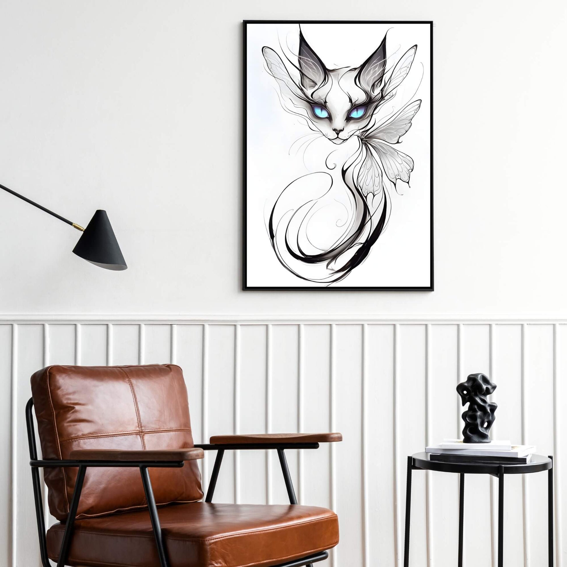 A full-view framed art print of an ethereal cat with butterfly wings and striking blue eyes.