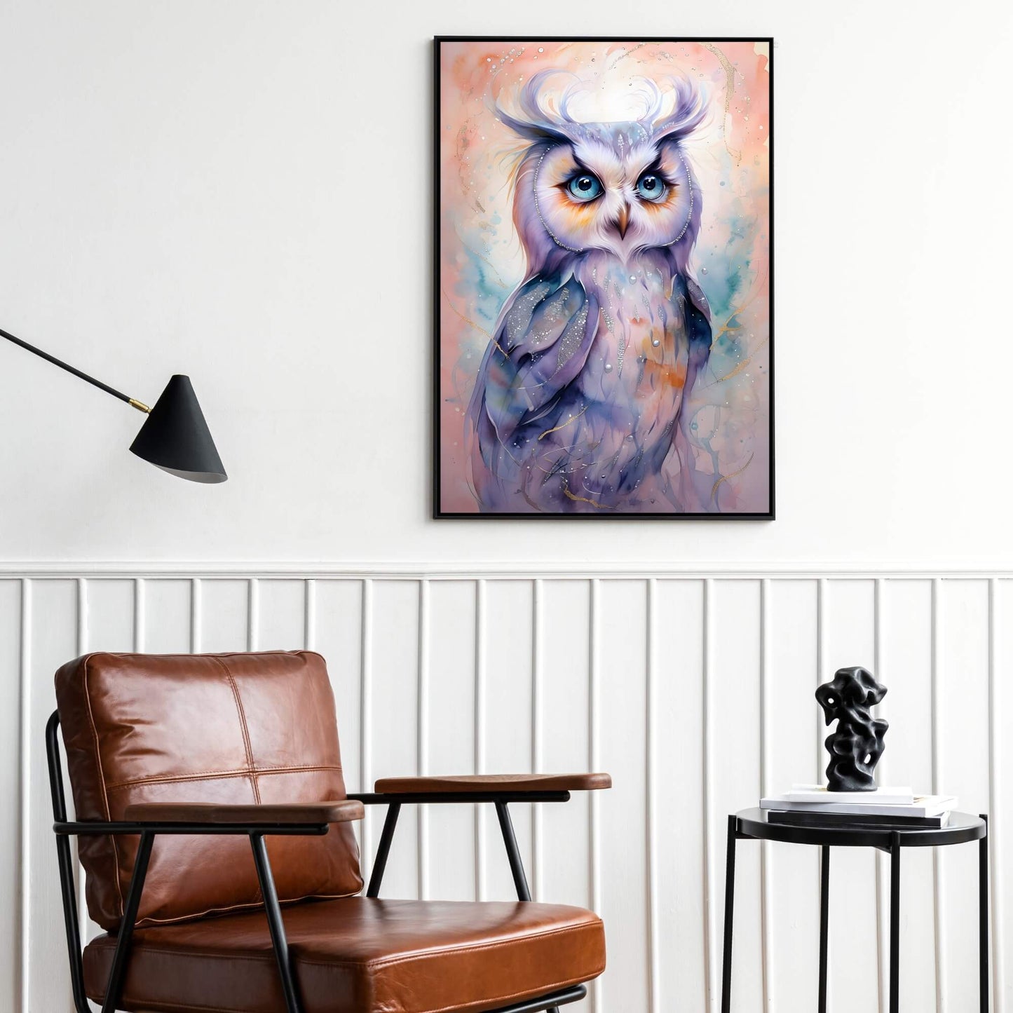 A high-quality print featuring an owl with large, mesmerizing blue eyes in a dreamy style.