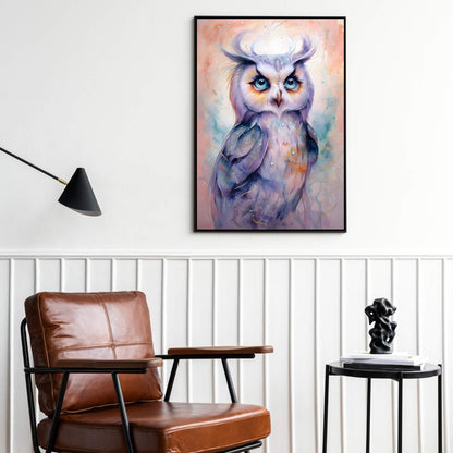 A high-quality print featuring an owl with large, mesmerizing blue eyes in a dreamy style.