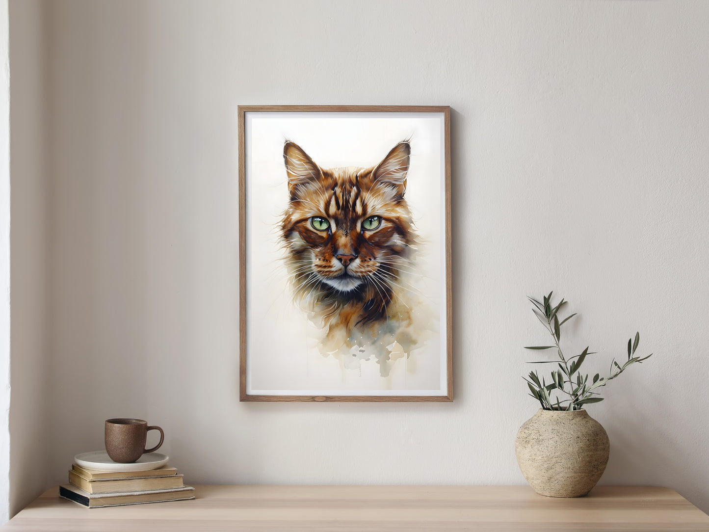 A framed portrait of a cat with a gentle expression and green eyes
