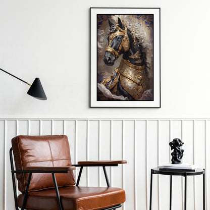 A black stallion with a majestic headpiece, a kingly horse artwork.


