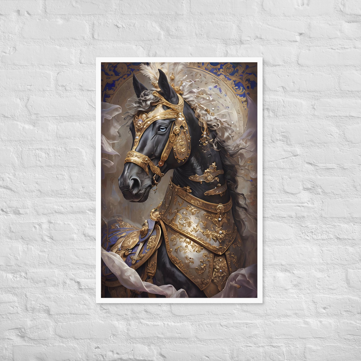 A full-view shot of the framed print, showcasing the majestic fantasy horse with its detailed armor.