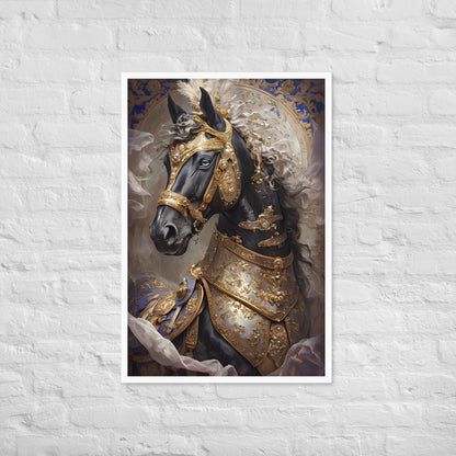 A full-view shot of the framed print, showcasing the majestic fantasy horse with its detailed armor.
