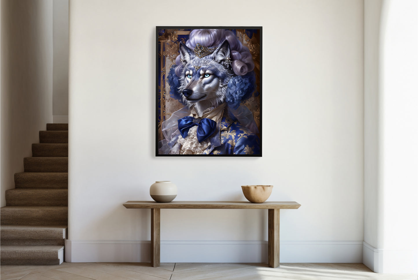 An angled shot of the framed wolf art, highlighting its intriguing blend of fantasy and elegance, making it a perfect gift.