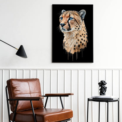 A close-up showing the cheetah's fierce expression and high contrast against a deep black background.
