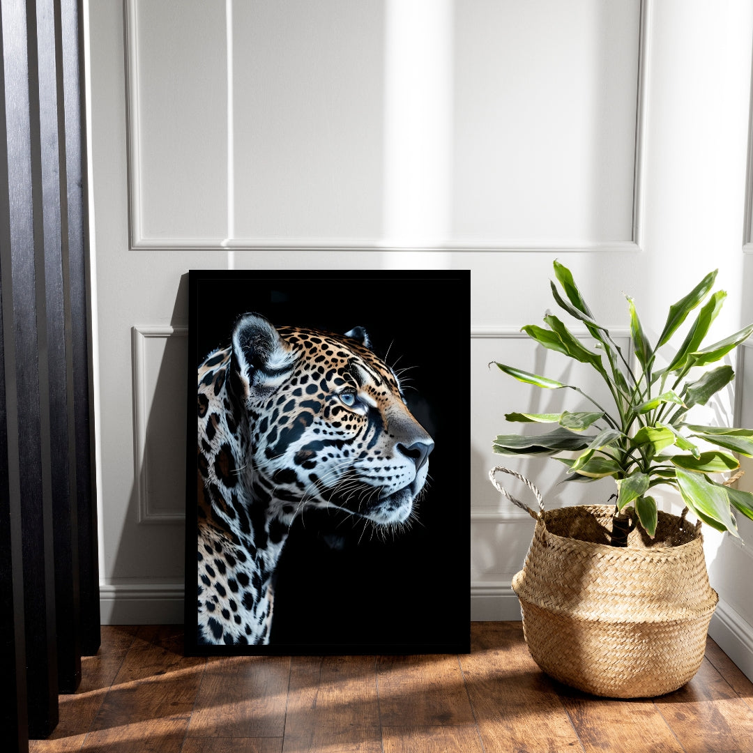 A detailed view focusing on the jaguar's intense, focused gaze and sharp features.