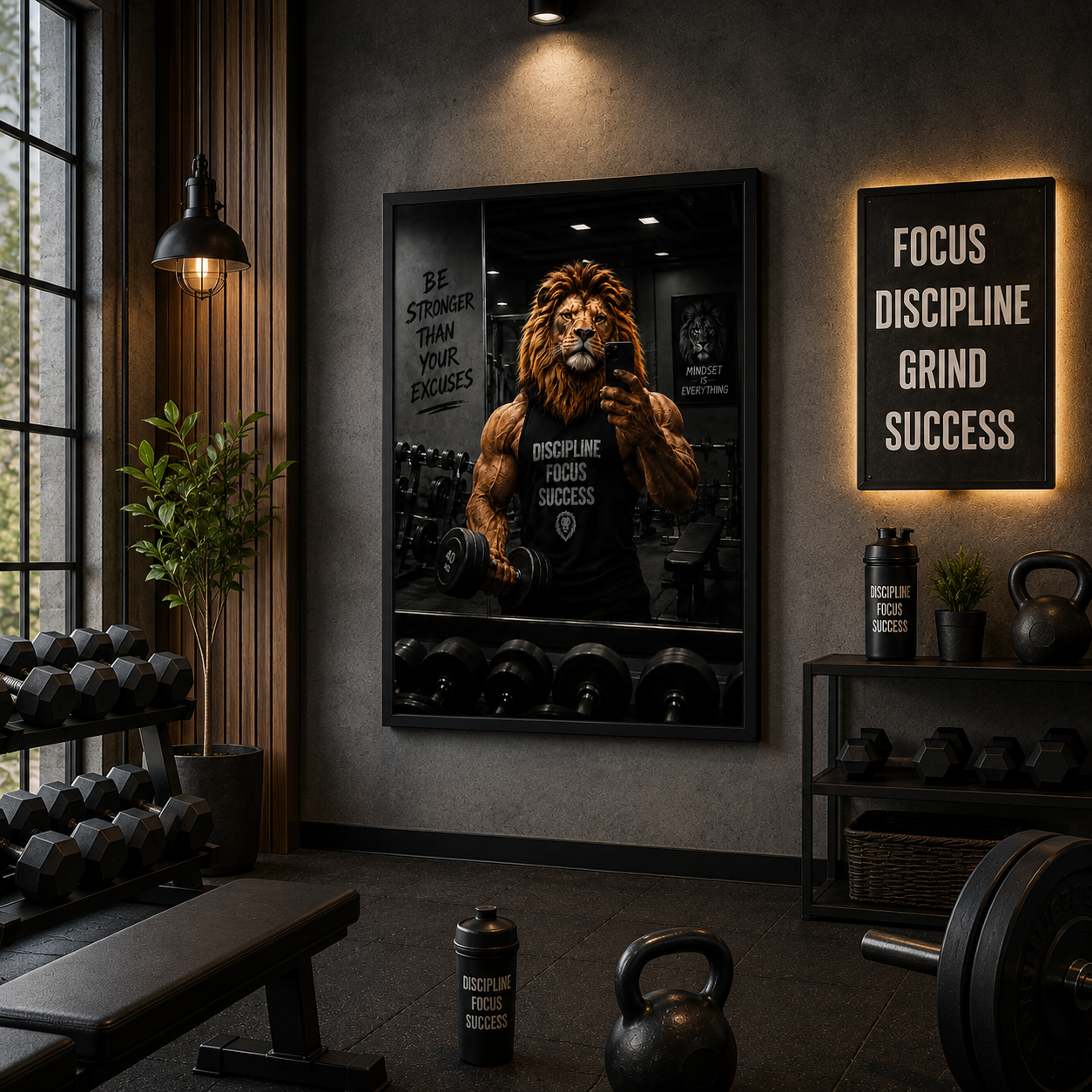 Motivational Lion Gym Wall Art | Discipline Focus Success Framed Print