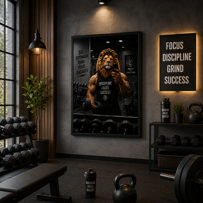 Motivational Lion Gym Wall Art | Discipline Focus Success Framed Print
