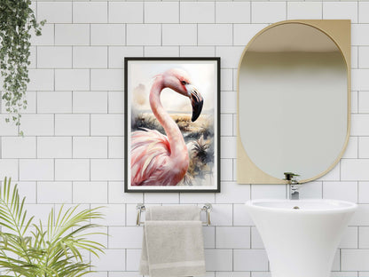 Artistic watercolor illustration of a standing flamingo, showcasing its graceful neck and unique beak.

