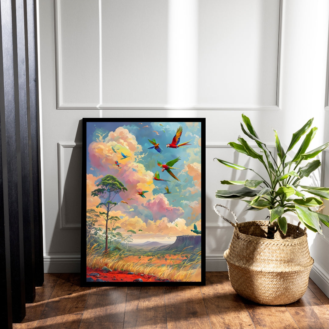 An angled shot of the framed art, highlighting the intense, vibrant colors and the movement of the birds.