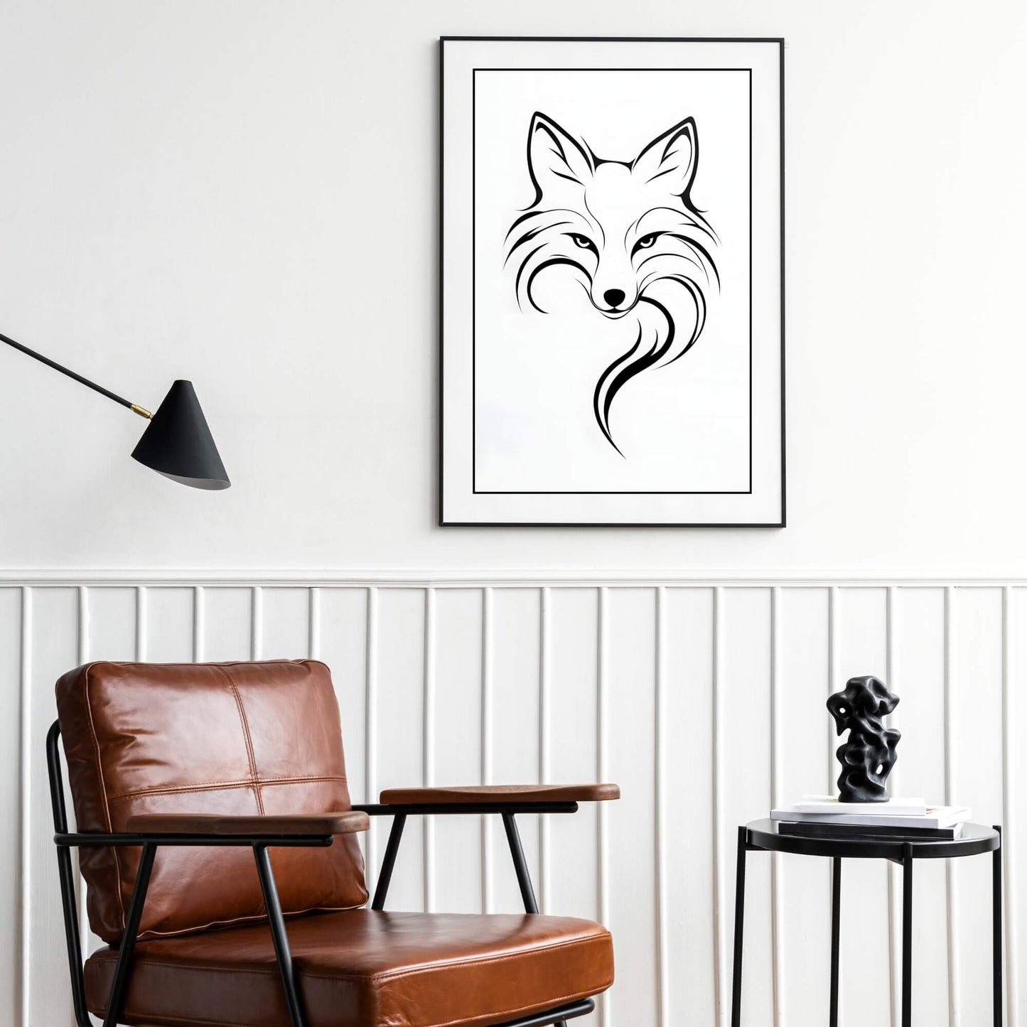 A striking piece of wall art featuring a black and white stylized fox head, perfect for modern decor.