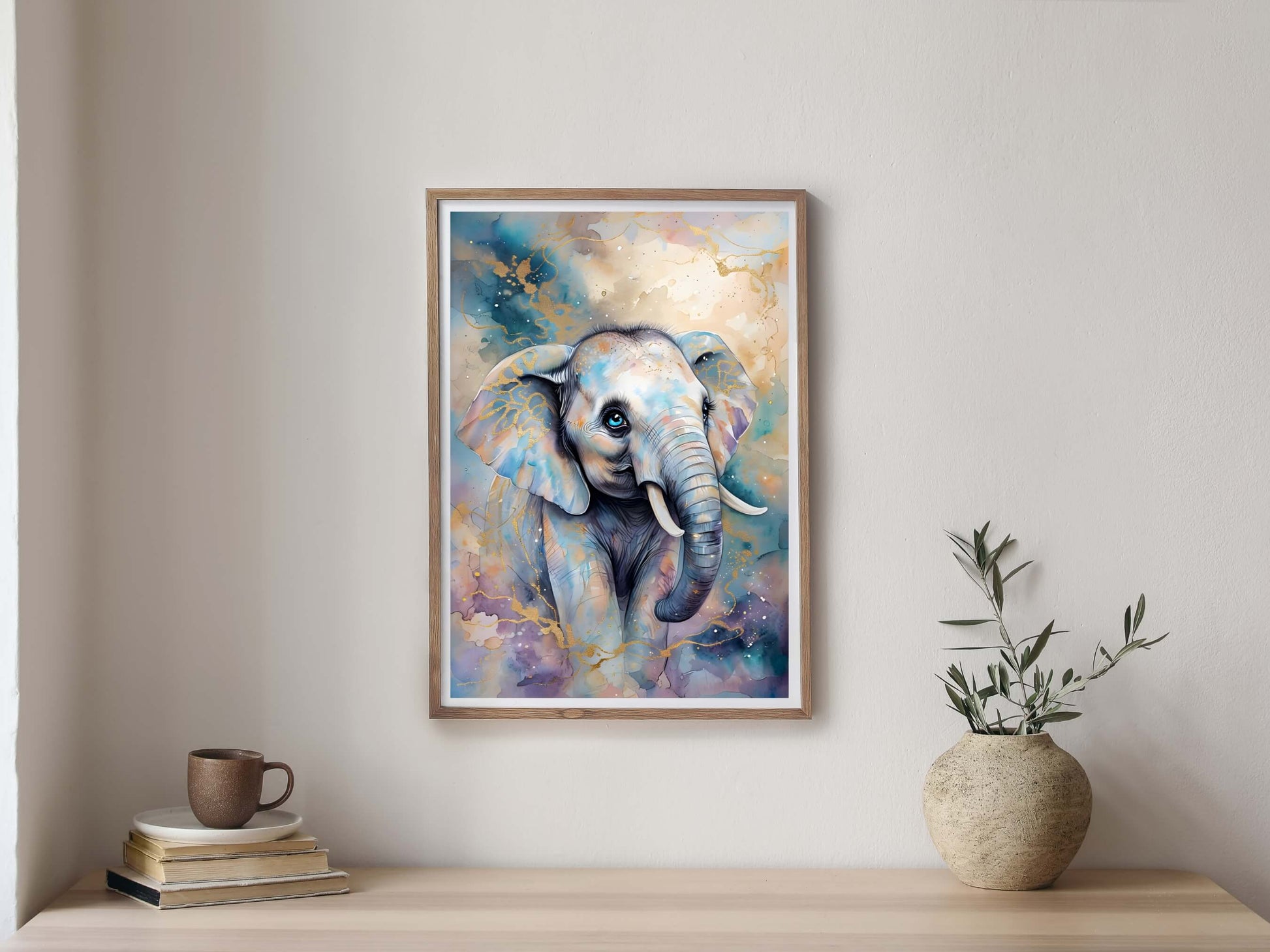 Artistic elephant wall art with a creative watercolor and paint splash effect.

