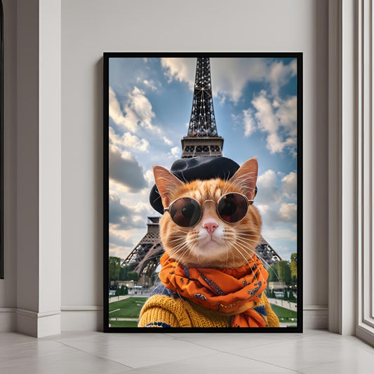 A funny framed art print of a cat wearing a stylish hat and scarf, taking a selfie in Paris.