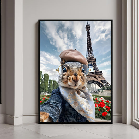 A funny framed art print of a cute squirrel wearing a beret and scarf, taking a selfie in Paris.