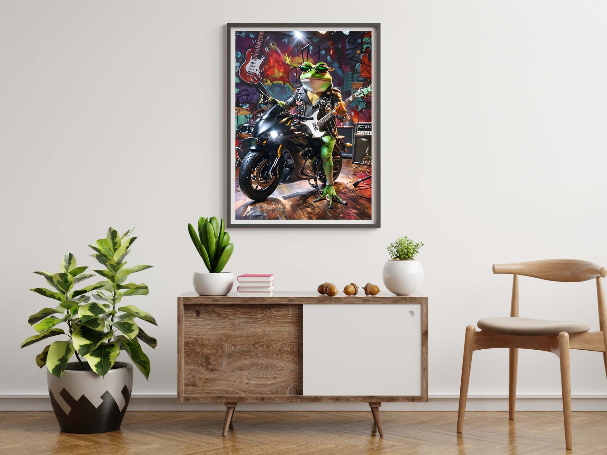 A full-view shot of the framed print, showing the cool frog with a guitar, perfect for rock music fans.