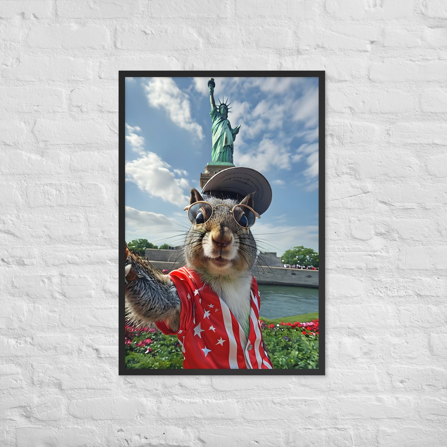 A full-view shot of the framed print, showing the squirrel with its cool pose, perfect for funny American-themed wall art.