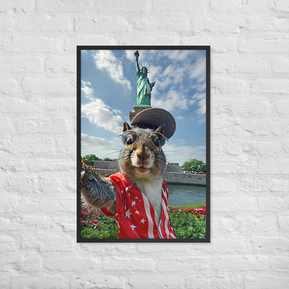 A full-view shot of the framed print, showing the squirrel with its cool pose, perfect for funny American-themed wall art.