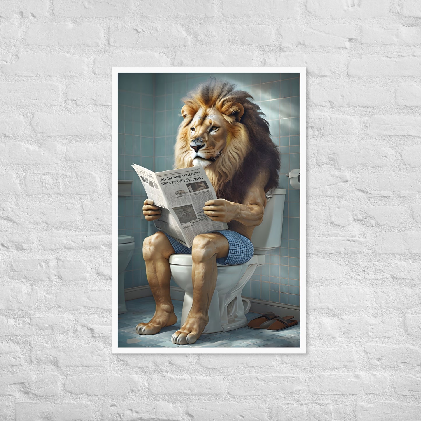 Framed artwork of a lion sitting on a toilet reading a newspaper against a white brick wall.