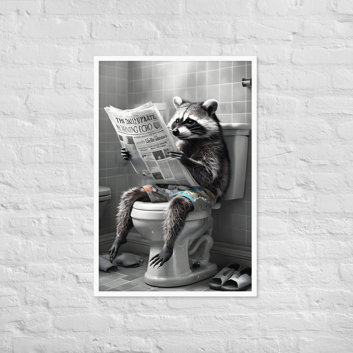 A detailed and amusing piece of art, showcasing a raccoon in a very human-like activity.