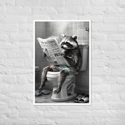 A detailed and amusing piece of art, showcasing a raccoon in a very human-like activity.