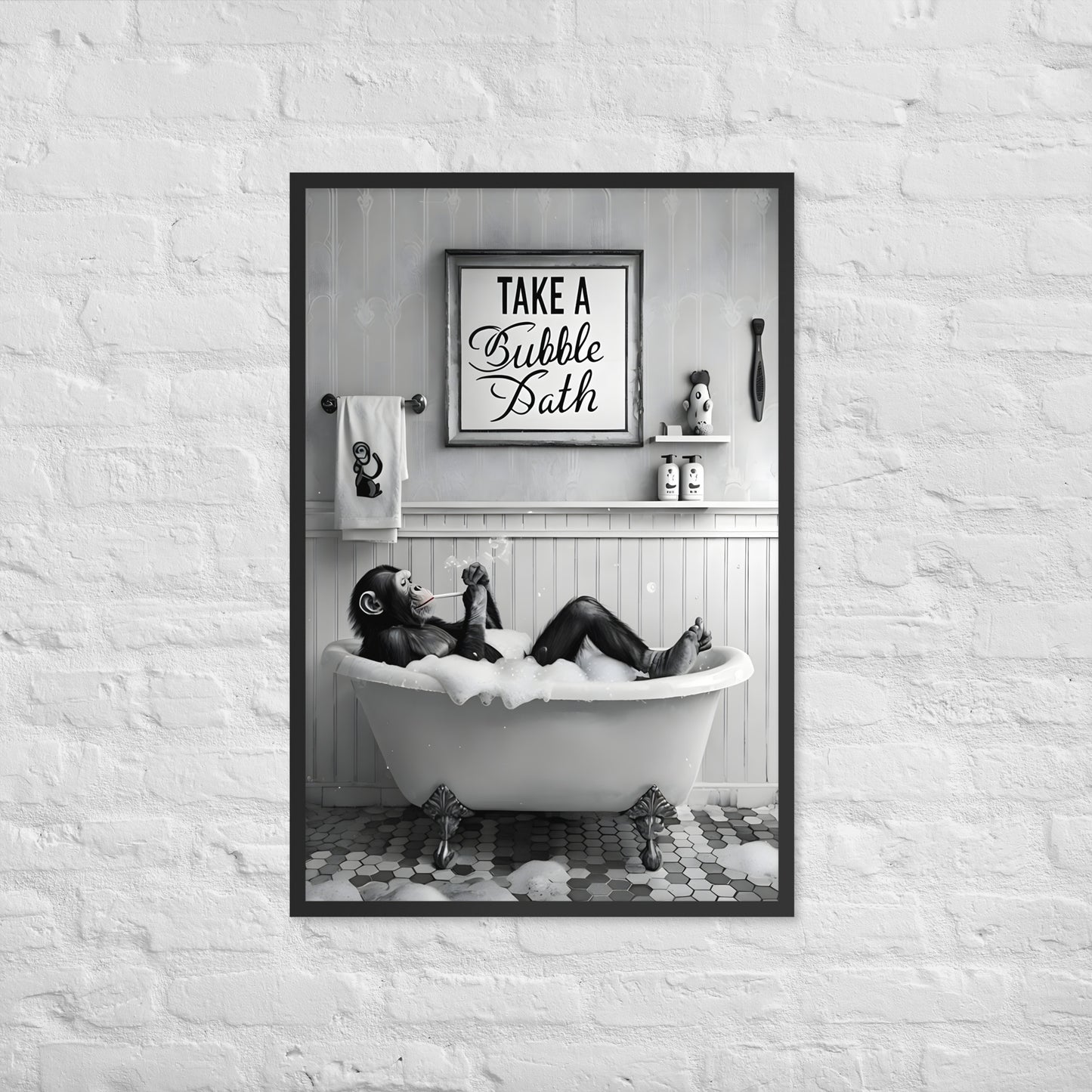 A hilarious, sophisticated art print of a chimp in a tub, ideal for funny powder room or guest bath decor.