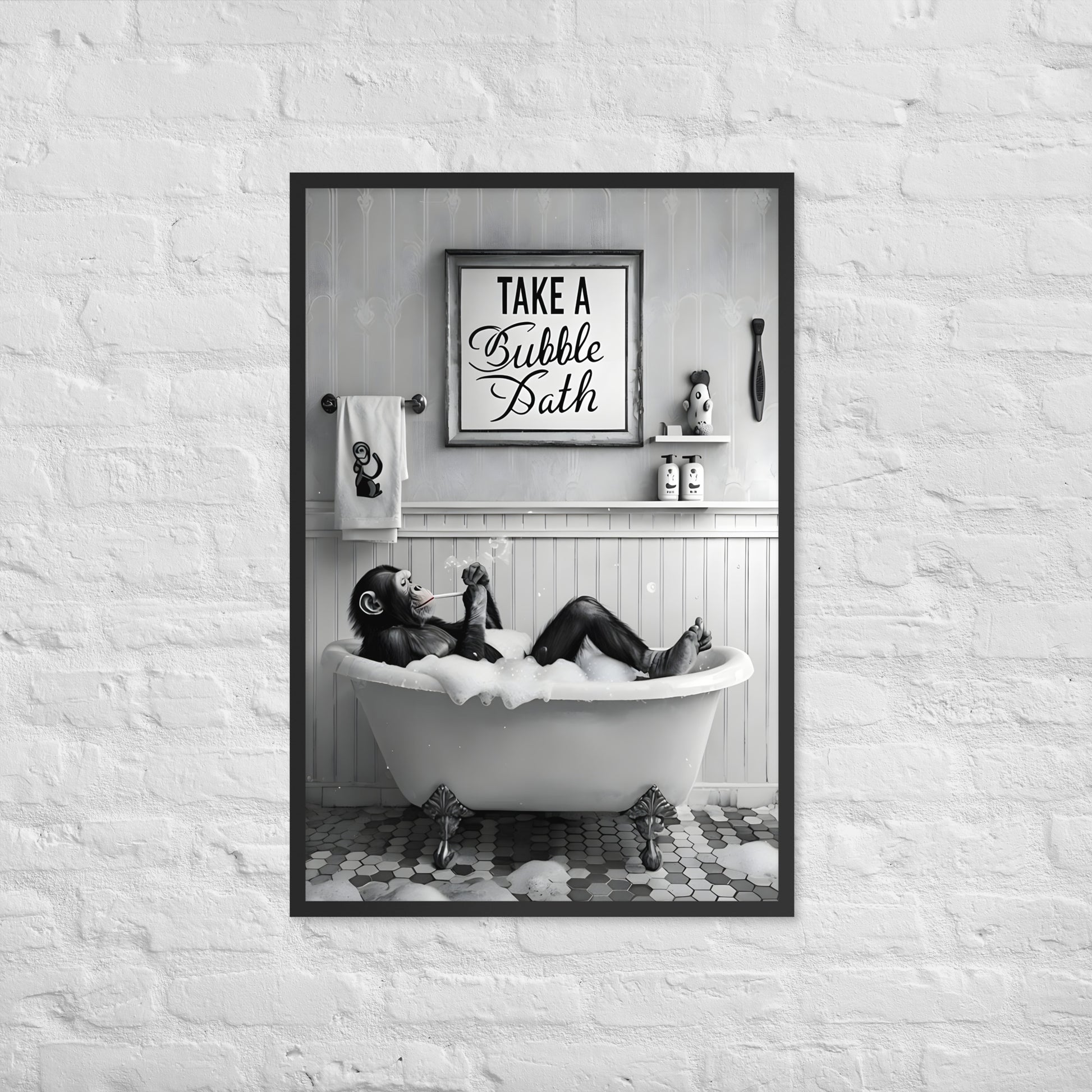 A hilarious, sophisticated art print of a chimp in a tub, ideal for funny powder room or guest bath decor.
