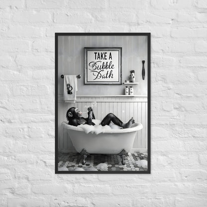 A hilarious, sophisticated art print of a chimp in a tub, ideal for funny powder room or guest bath decor.