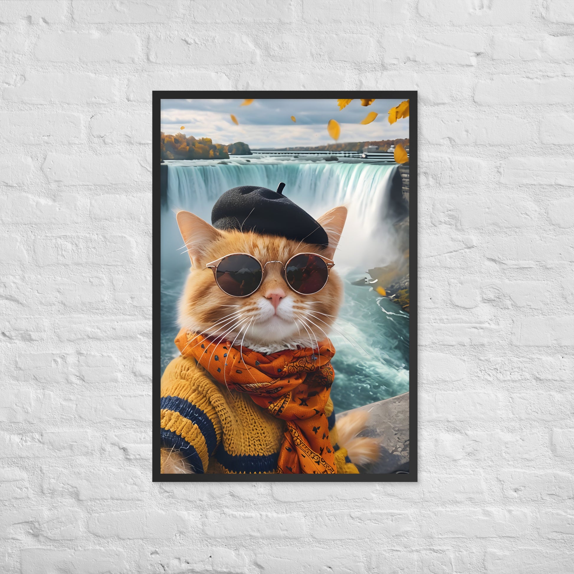 A full-view shot of the framed print, showing the cat's cozy outfit and the famous waterfall in the background.