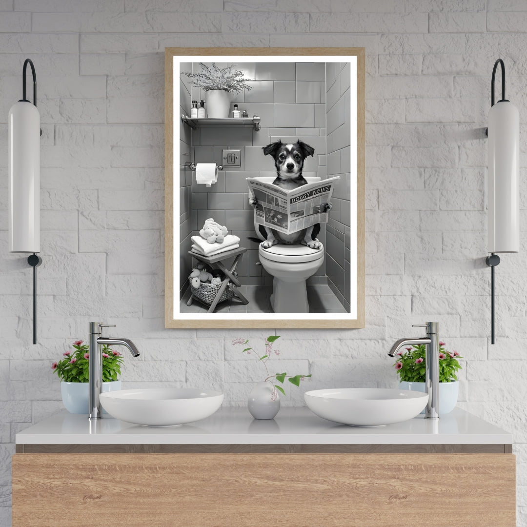 A hilarious, high-contrast black and white scene of a small dog in a human-like pose, perfect for bathroom humor.