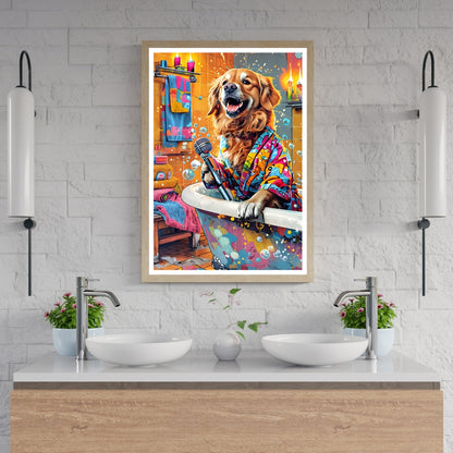 A close-up of the joyful Golden Retriever in a colorful robe, holding a microphone.