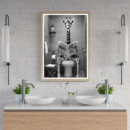 A humorous, black and white scene of a giraffe in a very relatable moment in the bathroom.