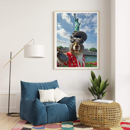 A fun, ready-to-hang framed print of a squirrel selfie, an ideal funny housewarming gift.