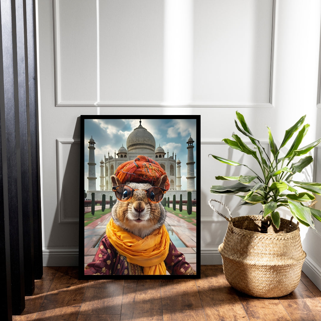 A full-view shot of the framed print, showing the squirrel's unique outfit and the famous landmark in the background.